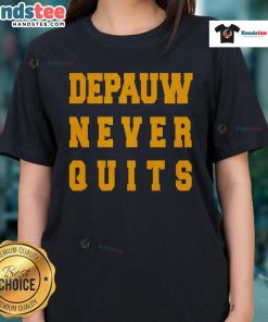 Nice DePauw Never Quits Ladies Tee in vibrant colors, perfect for showcasing school spirit and style.