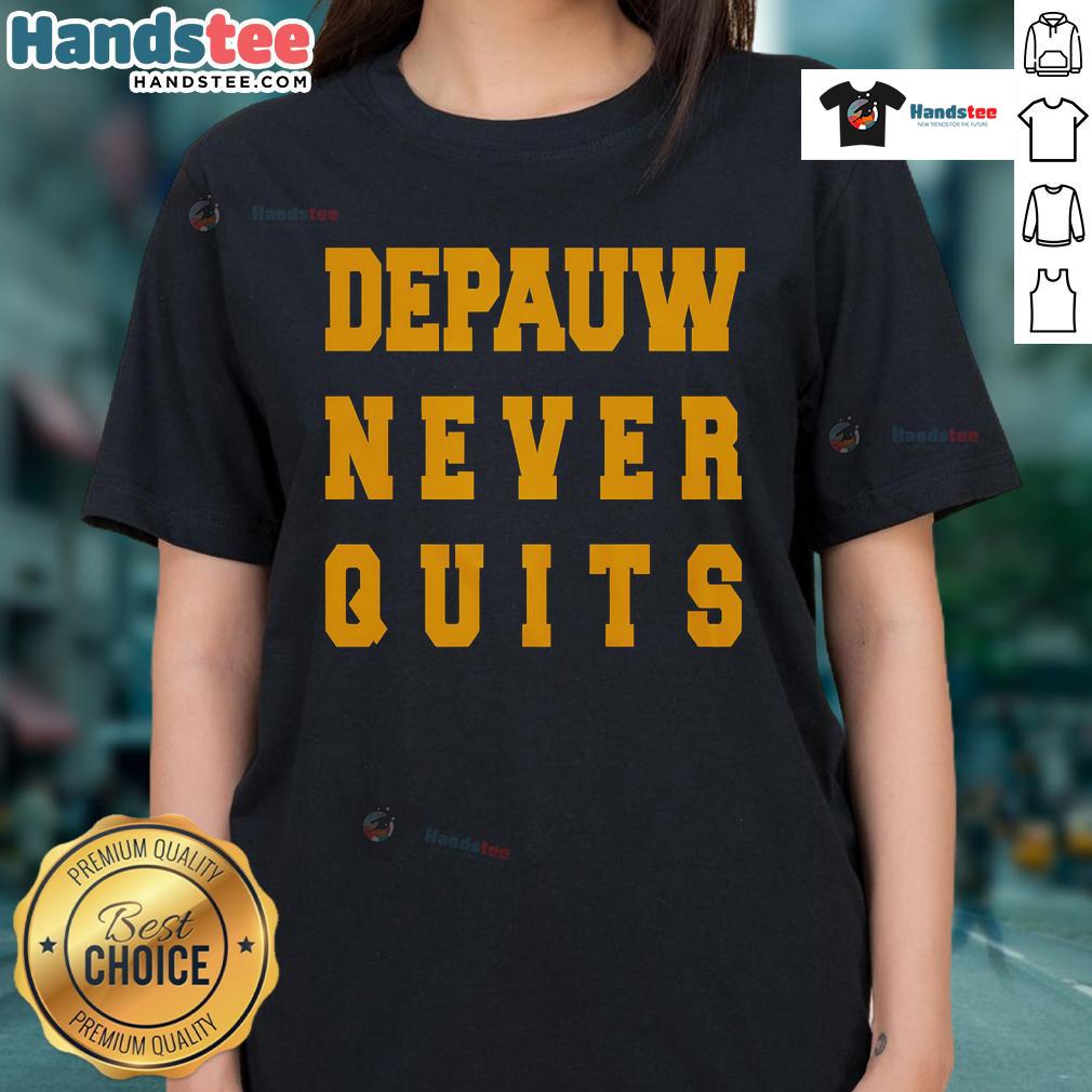 Nice Depauw Never Quits Ladies Tee Nice DePauw Never Quits Ladies Tee in vibrant colors, perfect for showcasing school spirit and style.