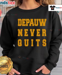 Alt Text: Nice DePauw Never Quits Sweatshirt in navy, featuring bold lettering and a comfortable fit for casual wear.