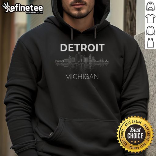 Alt Text: Stylish Detroit hoodie featuring the iconic Detroit city skyline, a perfect Michigan souvenir for city lovers.