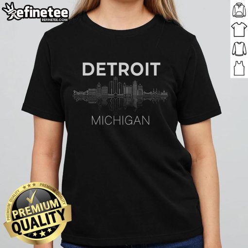 Stylish Detroit city skyline graphic on a Michigan souvenir ladies tee shirt, perfect for fans of Detroit.