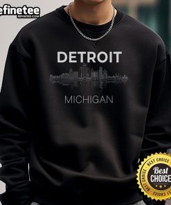 Detroit city skyline sweatshirt featuring iconic landmarks, perfect Michigan souvenir for fans of Detroit.