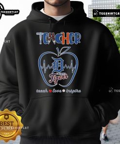 Nice Detroit Tigers teacher hoodie with 'Teach, Love, Inspire' design and apple graphic, perfect for educators and fans.