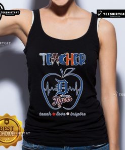 Detroit Tigers teacher tank top with 'Teach, Love, Inspire' design and apple graphic, perfect for educators and fans.
