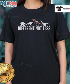 Colorful 'Nice Different Not Less' puzzle dinosaur graphic on a women's tee celebrating autism awareness and individuality.