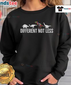 Nice Different Not Less Puzzle Dinosaur Autism Sweatshirt featuring a colorful dinosaur design promoting autism awareness.