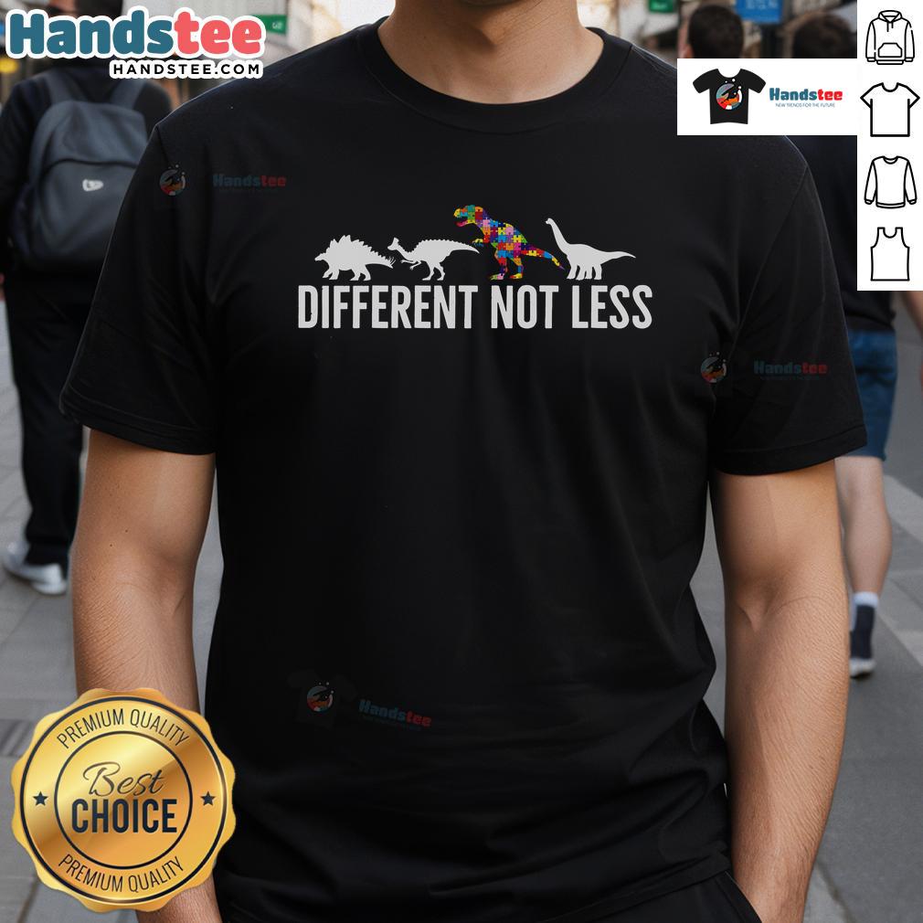 Nice Different Not Less Puzzle Dinosaur Autism T Shirt Nice Different Not Less Puzzle Dinosaur Autism T-Shirt showcasing a colorful dinosaur design celebrating autism awareness.
