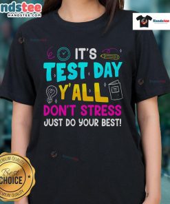 Boy wearing 'Don't Stress, Do Your Best' tee on testing day, promoting positivity for teachers and students.