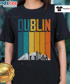 Alt Text: Vintage sunset skyline of Dublin, Ireland, featuring a stylish ladies tee design with vibrant colors and cityscape.