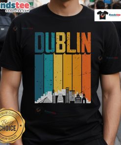 Vintage sunset skyline of Dublin, Ireland featured on a stylish T-shirt, perfect for city lovers and travelers.