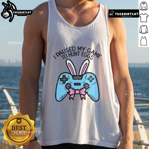Nice Easter gamer paused game to hunt eggs, wearing a fun tank top for game lovers, perfect for spring celebrations.