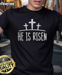 Nice Easter He Is Risen Cross Religious Christian T-Shirt featuring a vibrant design celebrating Easter and faith.