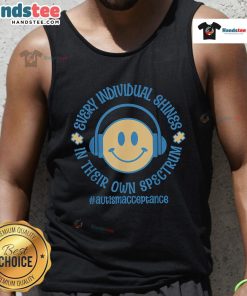Autism support tank top featuring 'Every Individual Shines In Their Own Spectrum' design, promoting acceptance and awareness.