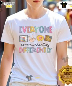 Nice Everyone Communicates Differently Autism Awareness T-Shirt design featuring colorful text and supportive imagery.