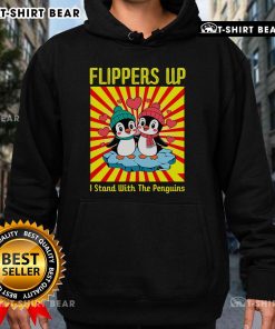 Cozy 'Nice Flippers Up I Stand With The Penguins' hoodie displayed on a hanger, perfect for penguin lovers and winter wear.