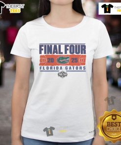 Nice Florida Gators 2025 NCAA Men's Basketball Tournament Final Four Rebound Ladies Tee featuring vibrant team colors.