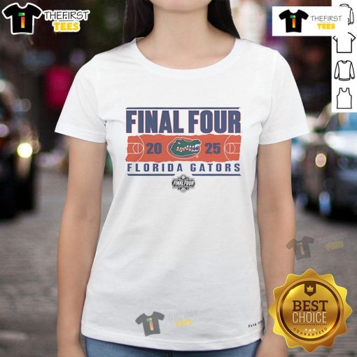 Nice Florida Gators 2025 NCAA Men's Basketball Tournament Final Four Rebound Ladies Tee featuring vibrant team colors.
