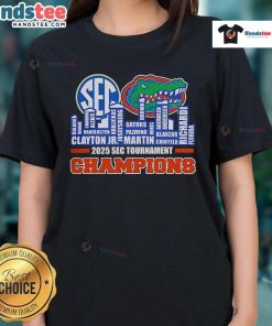 Alt Text: Florida Gators 2025 SEC Men's Basketball Tournament Champions ladies tee featuring city skyline design.