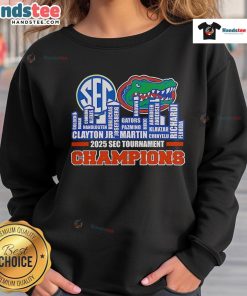 Alt Text: 2025 SEC Men's Basketball Tournament Champions sweatshirt featuring Florida Gators skyline design.