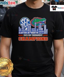 Florida Gators name skyline T-shirt celebrating 2025 SEC Men's Basketball Tournament Champions in vibrant colors.