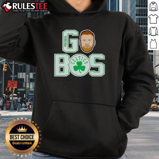 Kristaps Porzingis wearing a Boston Celtics hoodie, showcasing team spirit and style in a vibrant design.