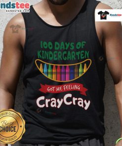 Girl wearing 'Nice Got Me Feeling Cray Cray' tank top celebrating 100 days of kindergarten, colorful and fun design.