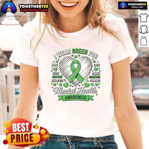 Nice green ribbon on a ladies tee for Mental Health Awareness Month, promoting support and awareness for mental health.