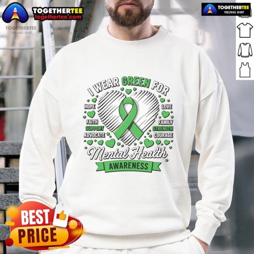 Green ribbon sweatshirt for Mental Health Awareness Month, promoting support and awareness for mental health issues.