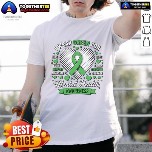 Nice green ribbon mental health awareness month support t-shirt displaying a vibrant design promoting mental health advocacy.