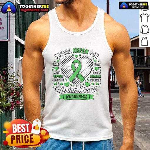 Green ribbon tank top for Mental Health Awareness Month, promoting support and awareness for mental health initiatives.