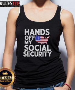 Woman wearing a 'Hands Off My Social Security' tank top, promoting social security awareness and advocacy.