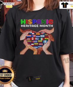 Heart hands by ladies celebrating Hispanic Heritage Month in a stylish tee representing all countries' cultures.