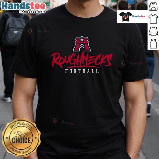 Stylized text T-shirt featuring the Houston Roughnecks logo, perfect for fans of the XFL team.