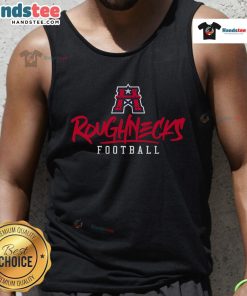 Alt Text: Stylized text on a Nice Houston Roughnecks tank top, showcasing team spirit and vibrant design for fans.