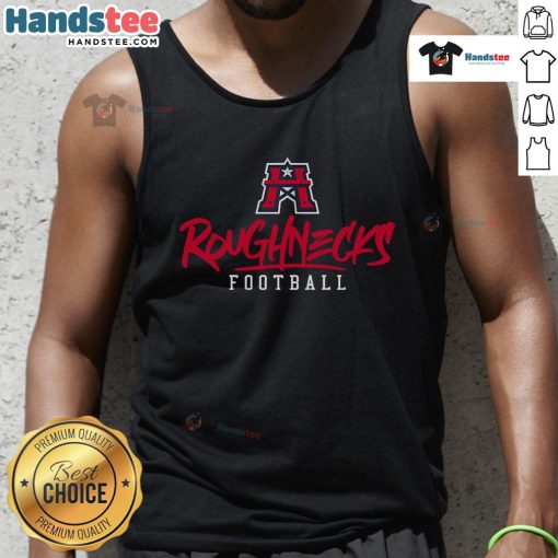 Alt Text: Stylized text on a Nice Houston Roughnecks tank top, showcasing team spirit and vibrant design for fans.