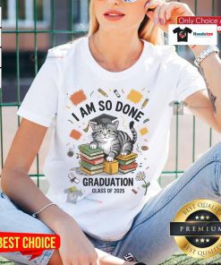 Graduation Cat Class of 2025 Ladies Tee featuring a playful cat design expressing graduation excitement.
