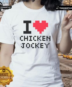 Alt Text: Cute 'I Heart Chicken Jockey' ladies tee featuring a playful chicken design, perfect for chicken lovers.