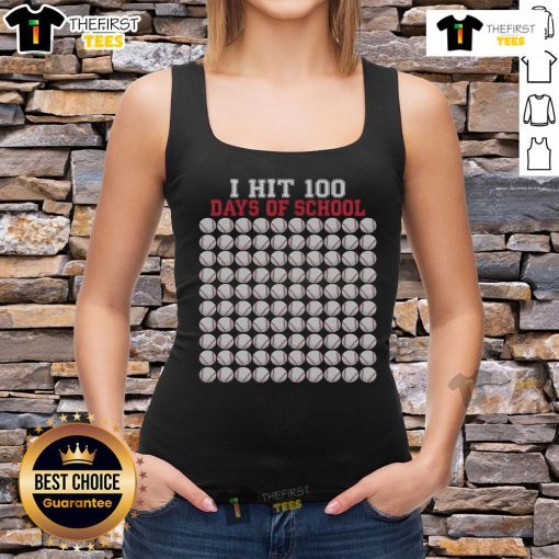 Child wearing 'Nice-I-Hit-100-Days-Of-School' tank top with baseball bat, celebrating 100th Day of School milestone.