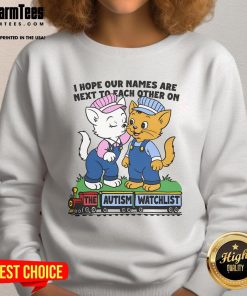 Cozy sweatshirt featuring 'Nice, I Hope Our Names Are Next to Each Other on the Autism Watchlist' design for awareness.