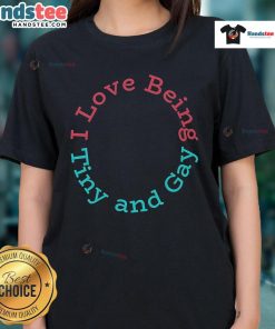 Alt Text: Cute 'Nice I Love Being Tiny and Gay' ladies tee showcasing vibrant colors and playful design for pride and self-expression.