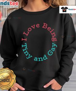 Nice I Love Being Tiny and Gay sweatshirt, featuring colorful text design on a cozy fabric, perfect for LGBTQ+ pride.