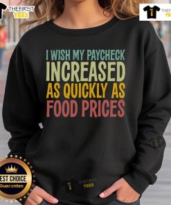 Nice I Wish Paycheck Increased As Quickly As Food Prices Tariffs sweatshirt featuring bold, humorous text design.
