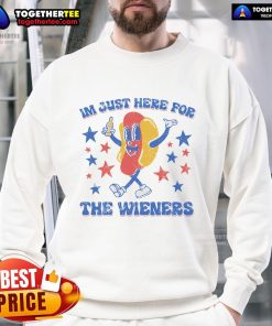 Funny 4th of July sweatshirt with 'I'm Just Here for the Wieners' slogan, perfect for hot dog lovers at celebrations.