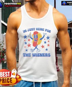 Funny 4th of July hot dog tank top featuring 'I'm Just Here for the Wieners' slogan, perfect for summer BBQs.
