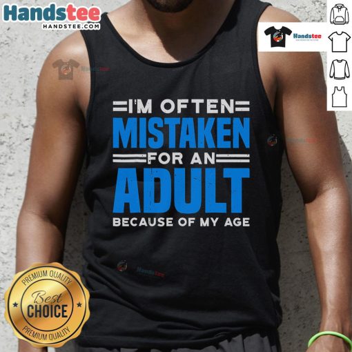 Young person wearing a 'Nice, I'm Often Mistaken For An Adult Because Of My Age' tank top, showcasing a fun and youthful style.