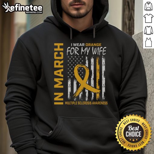 Man wearing an orange hoodie with a Multiple Sclerosis flag, promoting awareness in March for his wife.