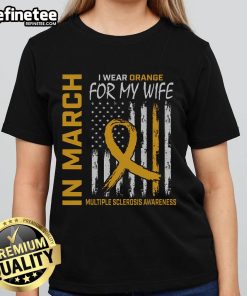 Orange tee for women supporting Multiple Sclerosis awareness, featuring a flag design, perfect for March events.