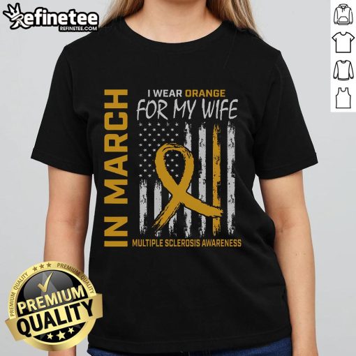 Orange tee for women supporting Multiple Sclerosis awareness, featuring a flag design, perfect for March events.