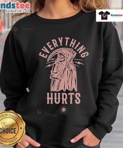 Alt Text: Nice Iron Sanctuary Everything Hurts Death Reaper Sweatshirt featuring a graphic of the grim reaper on a cozy black hoodie.