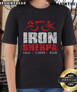 Womens Nice Iron Sherpa Triathlon Tee featuring a fun 'Cheer Beer' design for triathletes and sports enthusiasts.